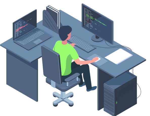 Isometric illustration of an engineer with a green shirt sat at a desk with a laptop and a monitor