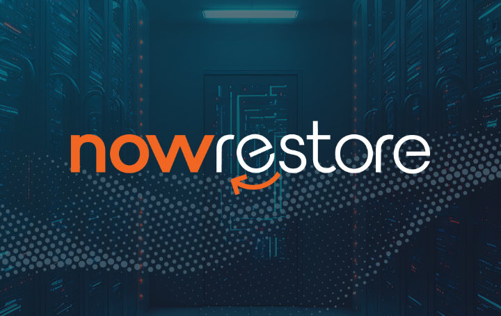 Now Restore logo with a server room background and a grey dot pattern over the top.